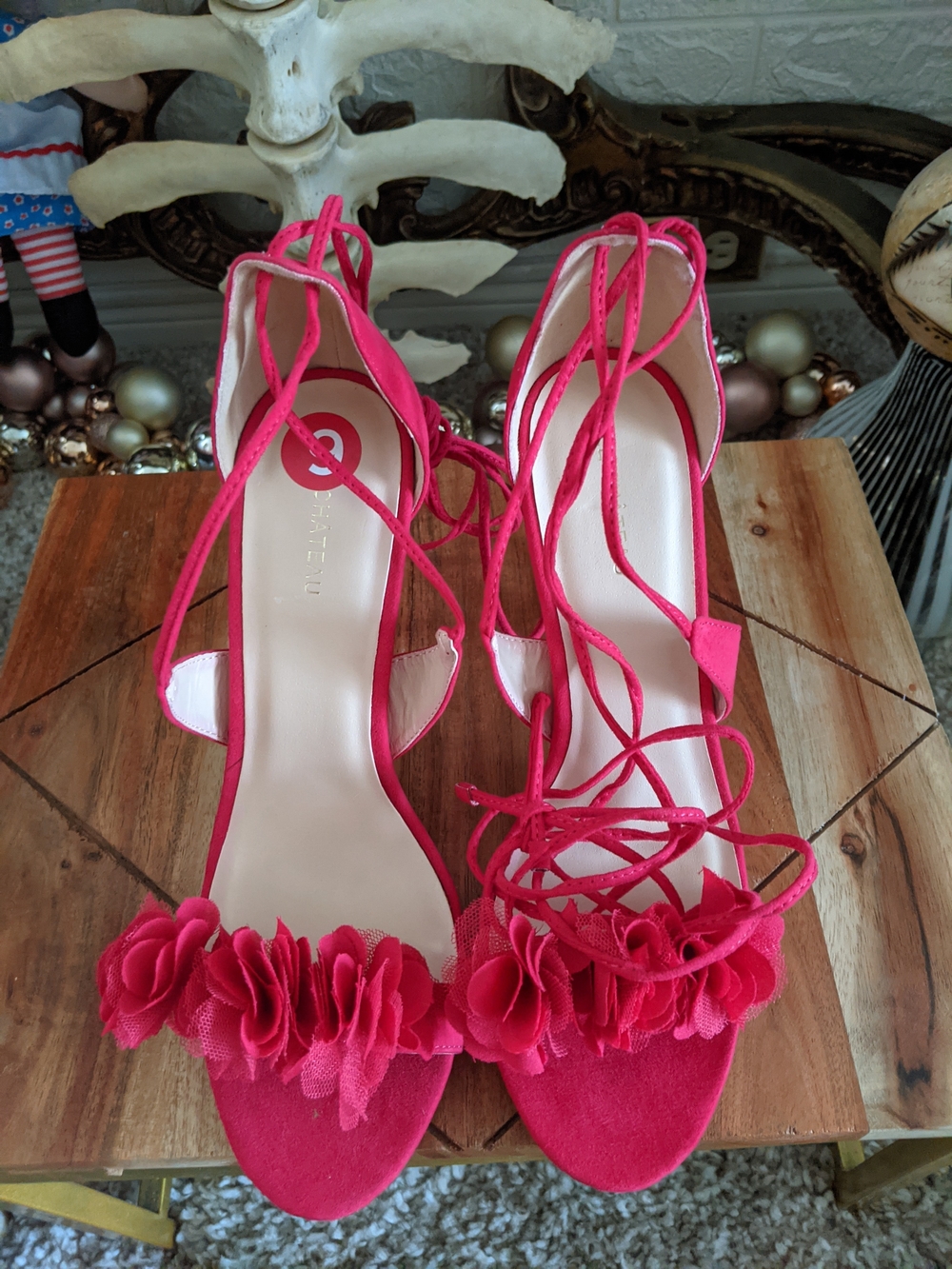 Le Chateau Hot Pink Floral Lace-Up Heeled Sandals - Picture 2 of 5